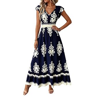 Womens Summer Casual V Neck Boho Maxi Dress Flowy Aline Bell Sleeve Tiered Floral Dresses