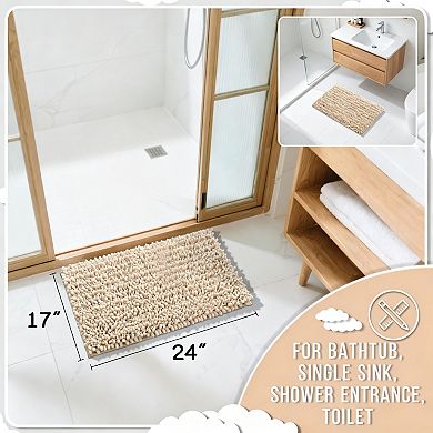 Light Brown Chenille Long Pile Bath Mat Soft Absorbent Quick Dry Non Slip Washable