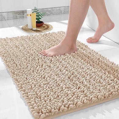 Light Brown Chenille Long Pile Bath Mat Soft Absorbent Quick Dry Non Slip Washable