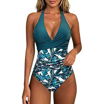 Womens One Piece Swimsuits Tummy Control Front Cross Bathing Suits Tie Back Slimming V Neck Swimwear