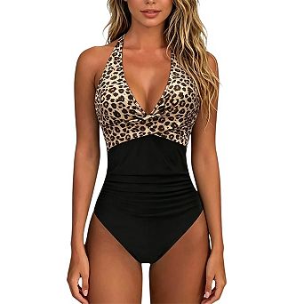 Womens One Piece Swimsuits Tummy Control Front Cross Bathing Suits Tie Back Slimming V Neck Swimwear