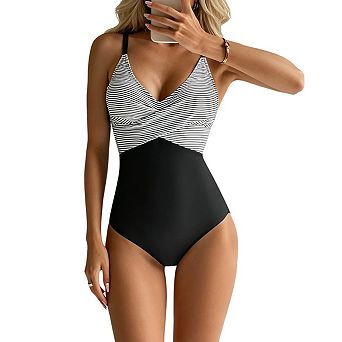 Womens One Piece Swimsuits Tummy Control Front Cross Bathing Suits Tie Back Slimming V Neck Swimwear
