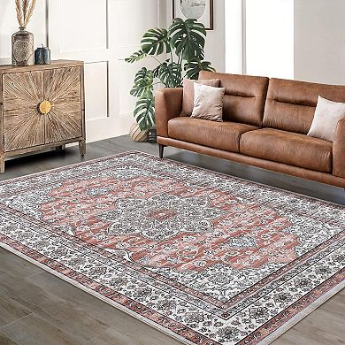 ANIXOL Vintage Floral Medallion Washable Area Rug