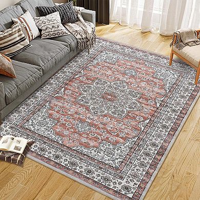 ANIXOL Vintage Floral Medallion Washable Area Rug