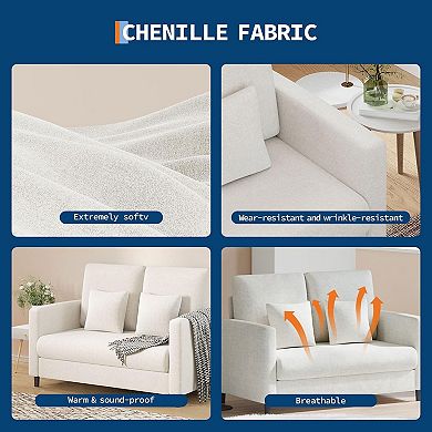 52" Teddy Loveseat Sofa, Chenille Couch with 2 Pillows, Tool-Free Setup for Small Spaces