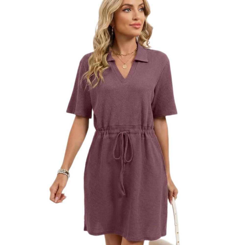 Women's Casual Midi Dress Short Sleeve V Neck Drawstring T-Shirt