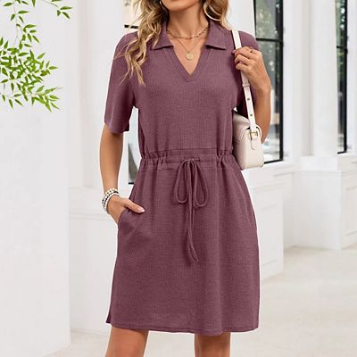 v neck midi shirt dress Women's V-neck Tie-Waist Midi Dress in Ivory size 12