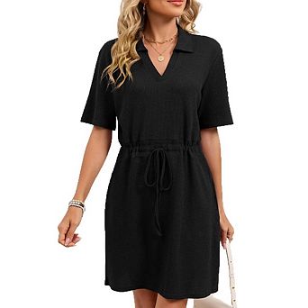 Women's Casual Midi Dress Short Sleeve V Neck Drawstring T-Shirt Dress with Pockets