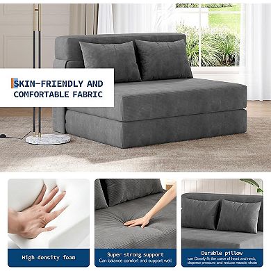 4-in-1 Folding Sofa Bed, 76" Convertible Sleeper Loveseat with Pillow, Dark Grey