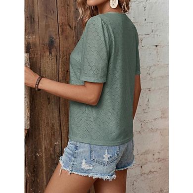 Women's hollowed out short sleeved lace V neck button down shirt