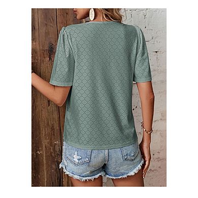 Women's hollowed out short sleeved lace V neck button down shirt