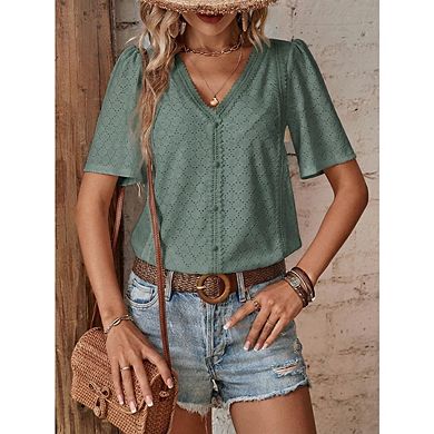 Women's hollowed out short sleeved lace V neck button down shirt