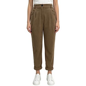 Women High Waisted Corduroy Straight Leg Pants Elastic Back Waist Casual Loose Trousers
