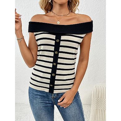 Women's Off Shoulder Striped Knit Sweater Button Fitted Pullover Sweater