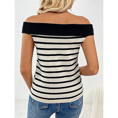 Women's Off Shoulder Striped Knit Sweater Button Fitted Pullover Sweater