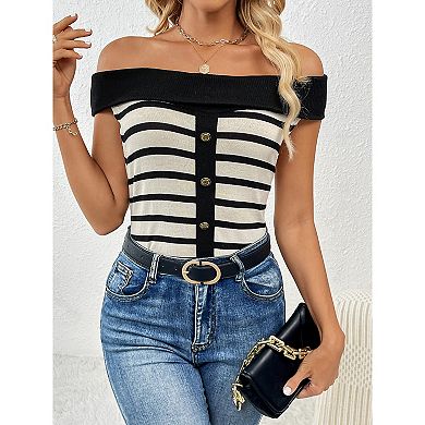 Women's Off Shoulder Striped Knit Sweater Button Fitted Pullover Sweater