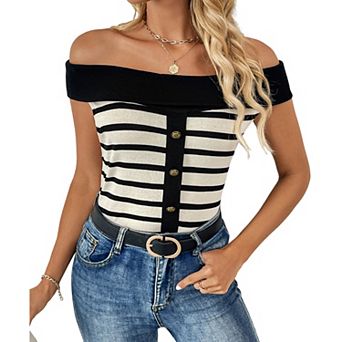 Women's Off Shoulder Striped Knit Sweater Button Fitted Pullover Sweater