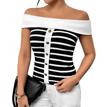 Women's Off Shoulder Striped Knit Sweater Button Fitted Pullover Sweater