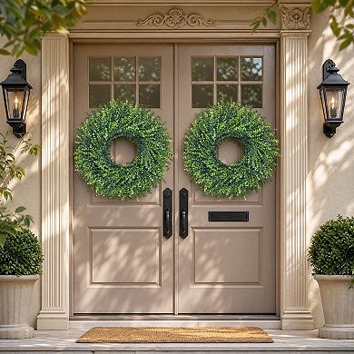 24 in Boxwood Wreath Adjustable Full Greenery Front Door Decor Handmade Plastic Grapevine Base