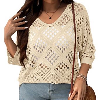 Women's Plus Size Crochet Knit Sweater 3/4 Sleeve Hollow Out Loose Pullover Cover Up Sweater
