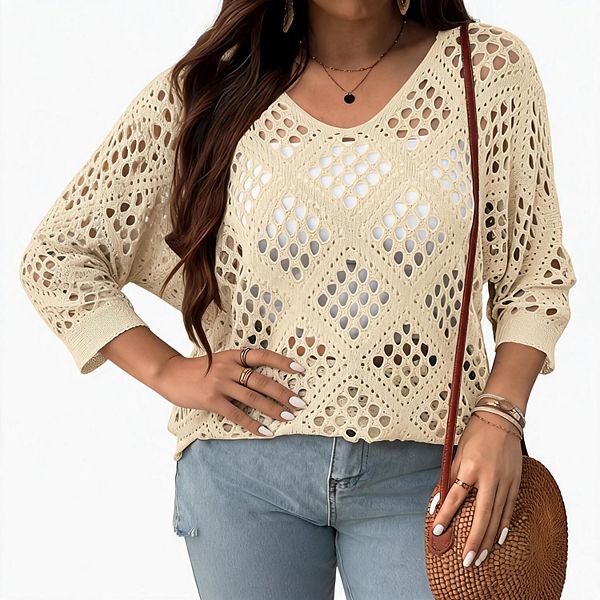 Women's Plus Size Crochet Knit Sweater 3/4 Sleeve Hollow Out Loose