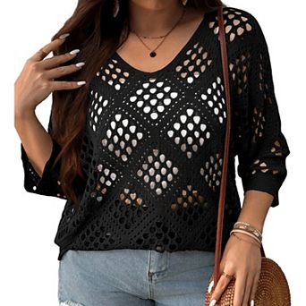 Women's Plus Size Crochet Knit Sweater 3/4 Sleeve Hollow Out Loose Pullover Cover Up Sweater