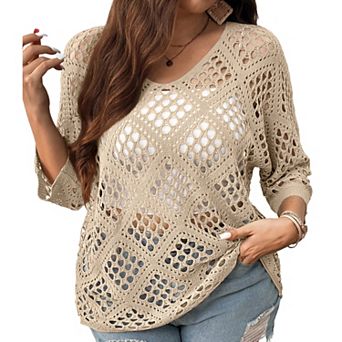 Women's Plus Size Crochet Knit Sweater 3/4 Sleeve Hollow Out Loose Pullover Cover Up Sweater
