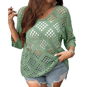 Women's Plus Size Crochet Knit Sweater 3/4 Sleeve Hollow Out Loose Pullover Cover Up Sweater