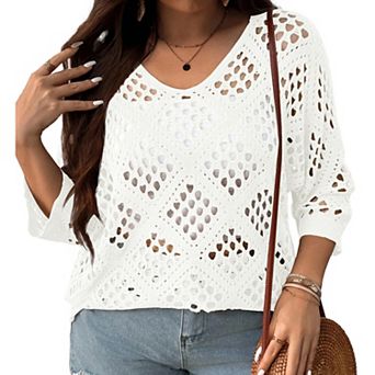 Women's Plus Size Crochet Knit Sweater 3/4 Sleeve Hollow Out Loose Pullover Cover Up Sweater