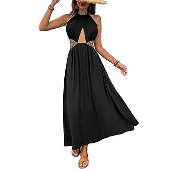 Women's Halter Maxi Dress Cutout Waist Boho Beach Vacation Long Dress