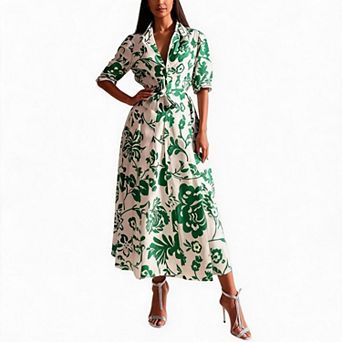 Women's V Neck Short Sleeve Boho Floral Midi Dress Button Down Beach Sundress