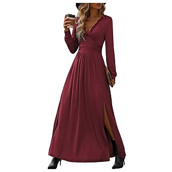 Women's Long Sleeve Deep V Neck High Slit Ruched Formal Cocktail Dress