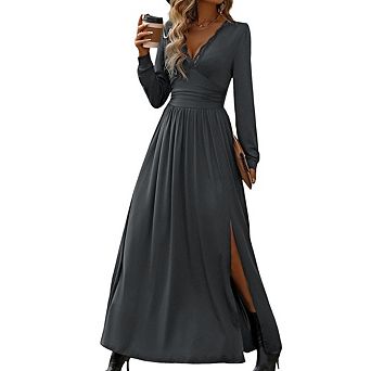 Women's Long Sleeve Deep V Neck High Slit Ruched Formal Cocktail Dress