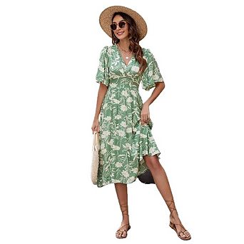 Women's Slant V Neck Floral Sundress Short Sleeve Flowy Summer Dress