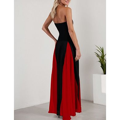 Women's Low Cut Spaghetti Strap Patchwork Backless Maxi Dress Formal Evening Gown