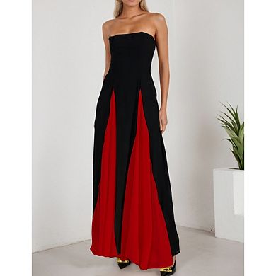 Women's Low Cut Spaghetti Strap Patchwork Backless Maxi Dress Formal Evening Gown