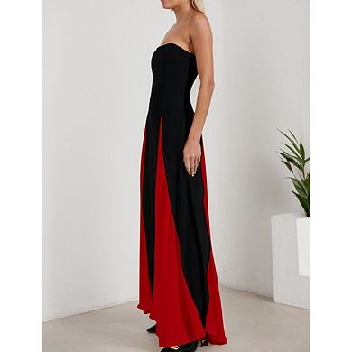 Women's Low Cut Spaghetti Strap Patchwork Backless Maxi Dress Formal Evening Gown