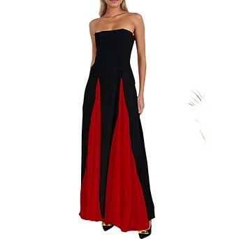 Women's Low Cut Spaghetti Strap Patchwork Backless Maxi Dress Formal Evening Gown