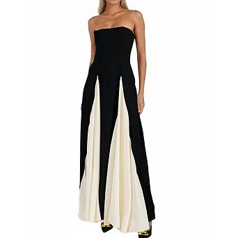 Women's Low Cut Spaghetti Strap Patchwork Backless Maxi Dress Formal Evening Gown