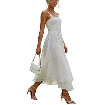 Women's Square Neck Smocked Midi Dress Summer Sleeveless Flowy Beach Dress