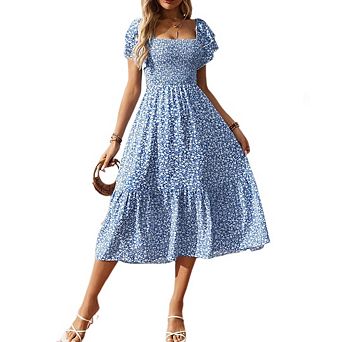 Women's Ditsy Floral Square Neck Off Shoulder Ruffle Maxi Dress Smocked Tiered
