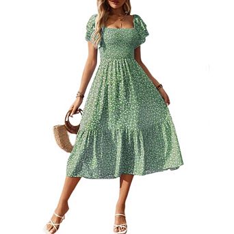 Women's Ditsy Floral Square Neck Off Shoulder Ruffle Maxi Dress Smocked Tiered