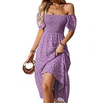 Women's Ditsy Floral Square Neck Off Shoulder Ruffle Maxi Dress Smocked Tiered