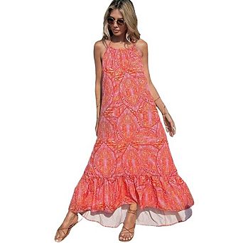 Women's Halter Neck Smocked Ruffle Flowy Boho Maxi Summer Dress