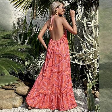 Women's Halter Neck Smocked Ruffle Flowy Boho Maxi Summer Dress