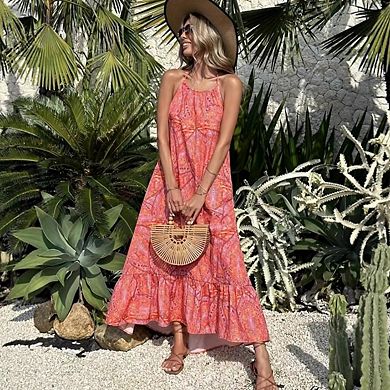 Women's Halter Neck Smocked Ruffle Flowy Boho Maxi Summer Dress