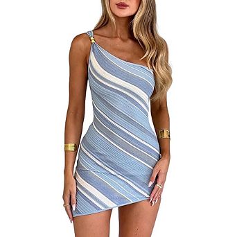 Women's Striped One Shoulder Bodycon Mini Dress Sleeveless Colorful Going Out Outfit
