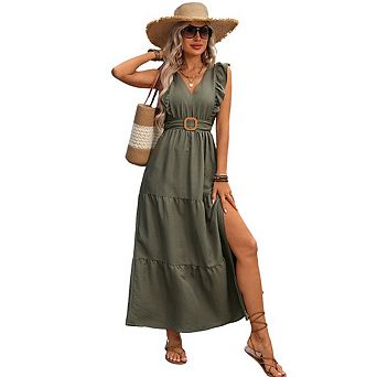 Women's Flowy Maxi Dress Cap Sleeve V Neck Smocked Casual Beach Sundress