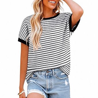 Women's Short Sleeve Knit Tops Trendy Crewneck Striped T Shirts Casual Summer Blouses Outfits