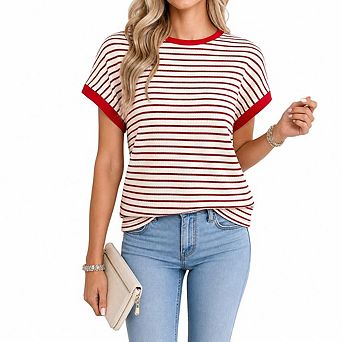 Women's Short Sleeve Knit Tops Trendy Crewneck Striped T Shirts Casual Summer Blouses Outfits